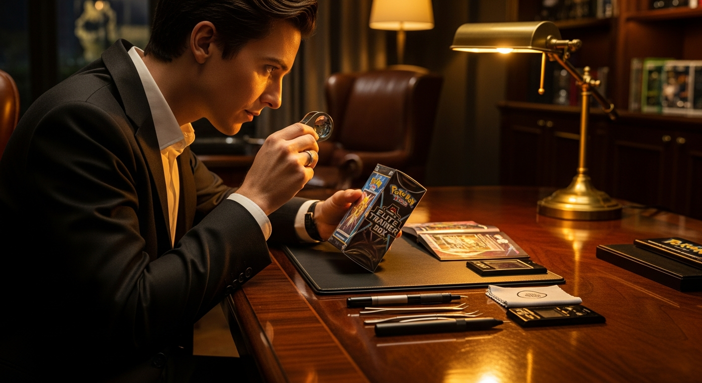 Expert analysant Elite Trainer Box Pokémon sur bureau collection